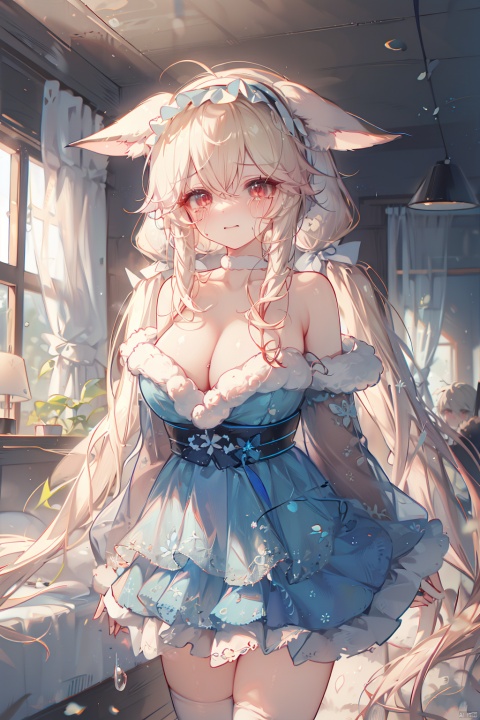  (best quality),(masterpiece),1girl, solo,big animal ears, (very long hair:1.3), blonde hair, looking at viewer, blush, red eyes, ribbon, bow, animal ear fluff, (lolita_hairband:1.2), bow,fox ears,, hair ribbon,(huge breasts:1.2),,(low_twintails:1.3),,,(white over-kneehighs:1.2),,(tears:1.2),,bedroom,(sobbing:1.2),pain,screaming,(),( over-kneehighs:1.3),White thighhighs,(),(miko:1.3),(yae:1.3),bare shoulders,off shoulder,collarbone,cleavage,(santa costume:1.1),(fur-trimmed:1.4),(strapless:1.3),(kimono:1.2),,,(blue layered skirt:1.4),,,( layered dress:1.4),(),(cleavage cutout:1.3),(shirt half tucked in skirt),(topless:1.2), ears down,(bow:1.3),standing,(white over-kneehighs:1.4),(blue dress),