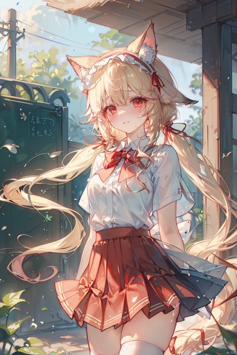  (best quality),(masterpiece),1girl, solo, red hairband, animal ears, (very long hair:1.3), blonde hair, looking at viewer, blush, red eyes, hairband, ribbon,, , red ribbon, bow, animal ear fluff, lolita_hairband,red bow, cat ears,, hair ribbon,( breasts),,(low_twintails:1.3), ,,,(white over-kneehighs:1.4),,(tears:1.2),(body blush:1.3),,(miko:1.1),(yae:1.1),(pleated skirt:1.4),outdoors,(school uniform:1.3),(shirt:1.2),shirt half tucked in skirt, ,short sleeves,