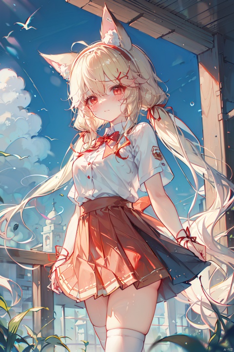  (best quality),(masterpiece),1girl, solo, red hairband, animal ears, (very long hair:1.3), blonde hair, looking at viewer, blush, red eyes, hairband, ribbon,, , red ribbon, bow, animal ear fluff, lolita_hairband,red bow, cat ears,, hair ribbon,( breasts),,(low_twintails:1.3), ,,,(white over-kneehighs:1.4),,(tears:1.2),(body blush:1.3),,(miko),(yae:1.1),(pleated skirt:1.4),outdoors,(school uniform:1.3),(shirt:1.2),shirt half tucked in skirt, ,short sleeves,
