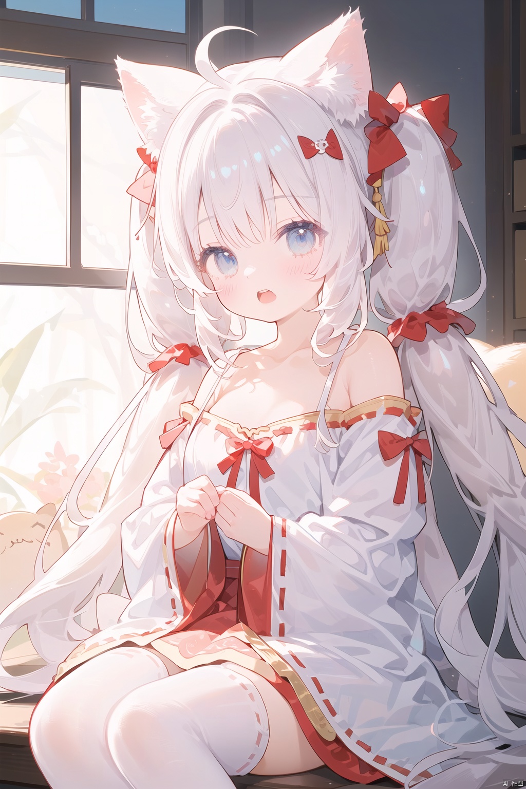  1girl,,cuteloli,,,(huge breasts),(loli),(grey hair),, cat ears fluff,(low twintails:1.4), (),,open mouth,upper teeth,(),(),(hair bow:1.4),(big bow),,white thighhighs,, ornament,, bowtie,(very long hari:1.3),(),sitting,,,(hanfu:1.4),,(hanfu off-shoulder shirt:1.4),