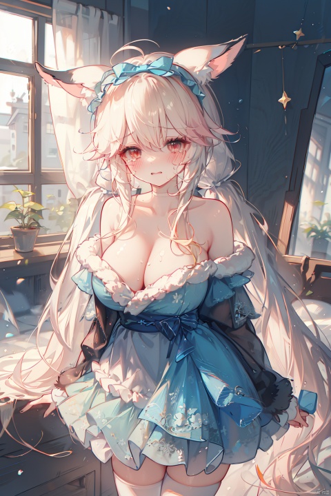  (best quality),(masterpiece),1girl, solo,big animal ears, (very long hair:1.3), blonde hair, looking at viewer, blush, red eyes, ribbon, bow, animal ear fluff, (lolita_hairband:1.2), bow,fox ears,, hair ribbon,(huge breasts:1.2),,(low_twintails:1.3),,,(white over-kneehighs:1.2),,(tears:1.2),,bedroom,(sobbing:1.2),pain,screaming,(),( over-kneehighs:1.3),White thighhighs,(),(miko:1.3),(yae:1.3),bare shoulders,off shoulder,collarbone,cleavage,(santa costume:1.1),(fur-trimmed:1.4),(strapless:1.3),(kimono:1.2),,,(blue layered skirt:1.4),,,( layered dress:1.4),(),(cleavage cutout:1.3),(shirt half tucked in skirt),(topless:1.2), ears down,(bow:1.3),standing,(white over-kneehighs:1.4),(blue dress),