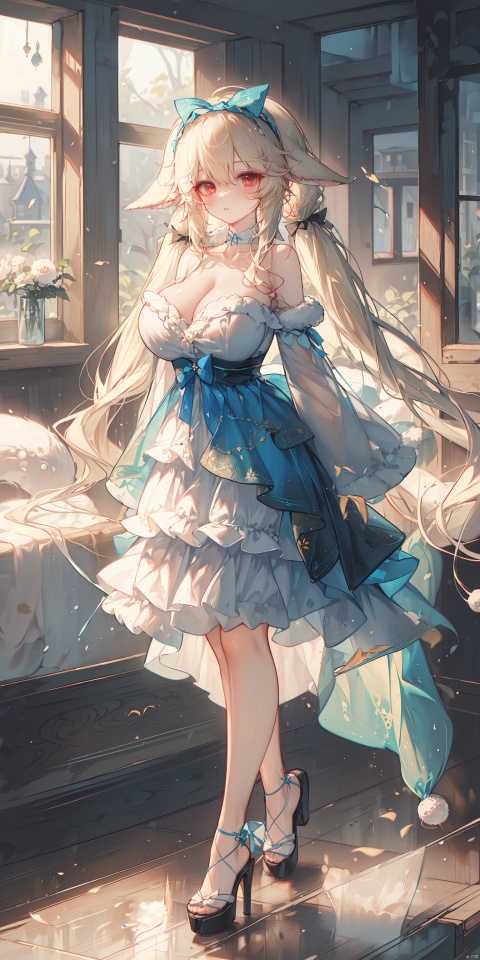  (best quality),(masterpiece),1girl, solo,big animal ears, (very long hair:1.3), blonde hair, looking at viewer, blush, red eyes, ribbon, bow, animal ear fluff, (lolita_hairband:1.2), bow,fox ears,, hair ribbon,(huge breasts:1.6),,(low_twintails:1.3),,bedroom,,(miko:1.3),(yae:1.3),bare shoulders,off shoulder,collarbone,cleavage,(santa costume),(fur-trimmed:1.4),(strapless:1.3),(kimono:1.1),,(layered dress:1.4),(),(cleavage cutout:1.3),,(topless:1.2),, ears down,(bow:1.3),standing,,(blue dress), (long dress:1.4),(full_body:1.2),(high heels:1.2),(lolita dress:1.2),