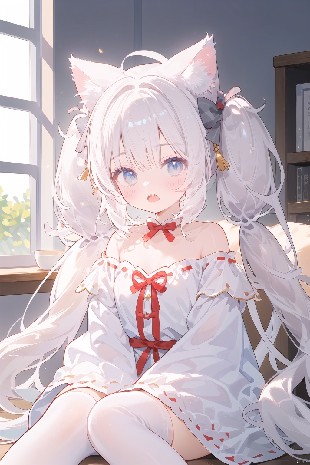  1girl,,cuteloli,,,(huge breasts),(loli),(grey hair),, cat ears fluff,(low twintails:1.4), (),,open mouth,upper teeth,(),(),(hair bow:1.4),(big bow),,white thighhighs,, ornament,, bowtie,(very long hari:1.3),(),sitting,,,(hanfu:1.4),,(hanfu off-shoulder shirt:1.4),