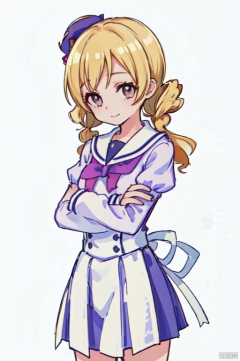 Noble_Academia_uniform,1girl, solo, smile, looking at viewer, cowboy_shot, simple background, white background, tomoe mami, twin drills, crossed_arms, blonde hair, purple shirt,