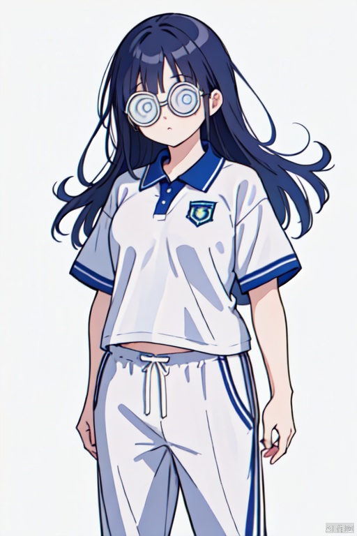  1girl, @@_glasses, solo, school_uniform, long hair, CHN_school_uniform, chinese_school_uniform, track pants, polo shirt,,<lora:660447313082219790:1.0>