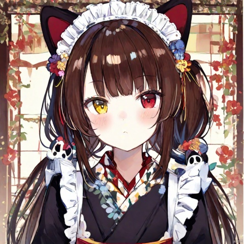 1girl, solo, looking at viewer, blush, bangs, brown hair, hair ornament, red eyes, animal ears, twintails, closed mouth, yellow eyes, upper body, flower, japanese clothes, virtual youtuber, hair flower, kimono, maid headdress, low twintails, heterochromia, dog ears, black kimono, wa maid, inui toko