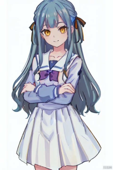  Noble_Academia_uniform,1girl, solo, smile, looking at viewer, cowboy_shot, simple background, white background, crossed_arms, blue hair, hair ribbon, wavy hair, two side-up, long hair, breasts, bangs, collarbone, sidelocks, yellow eyes,  closed mouth, 