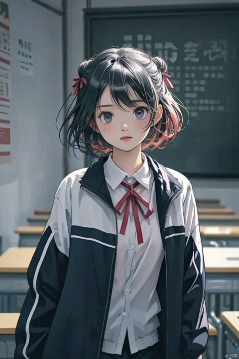 mS Uniform, mS Uniform jacket,1girl,solo, cowboy_shot, short hair, looking at viewer, black hair, unease, open clothes, classroom, kuroe (madoka magica), hair bun, red hair ribbon, dot nose, closed mouth, sidelocks, 