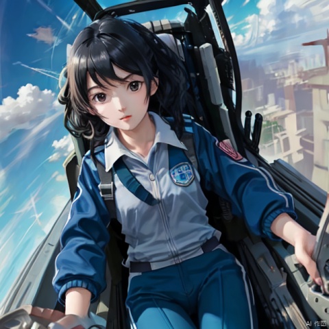  (cockpit), (machinery), canopy, seat, solo, facing viewer, 1girl, black hair, detailed, ((blue sky)), CHN_school_uniform, clouds, sky, long blue pants, mS uniform jacket,  high above,