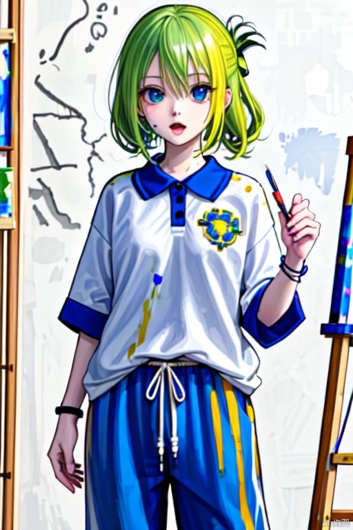  1girl, solo, green hair, standing, smile, open mouth, orange and purple paint splatter on shirt, paint, (paint splatter on face), blue pants, cowboy_shot, hand raised, CHN_school_uniform ,chinese_school_uniform, alina gray, blunt ends,single hair ring,small breasts, hair rings,wristband, [[paintbrush]],  paint, painting \(action\), palette \(object\), canvas \(object\), easel,  dark indoors,,<lora:660447313082219790:1.0>