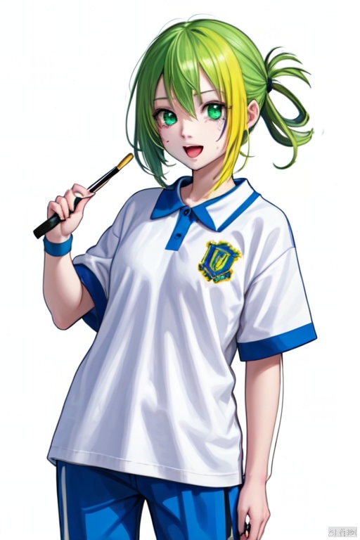 1girl, solo, green hair, standing, smile, open mouth, paint splatter, paint, (paint splatter on face), hand_on_face, blue pants, cowboy_shot, white_background, CHN_school_uniform ,chinese_school_uniform, alina gray, blunt ends,single hair ring,small breasts, hair rings,wristband,