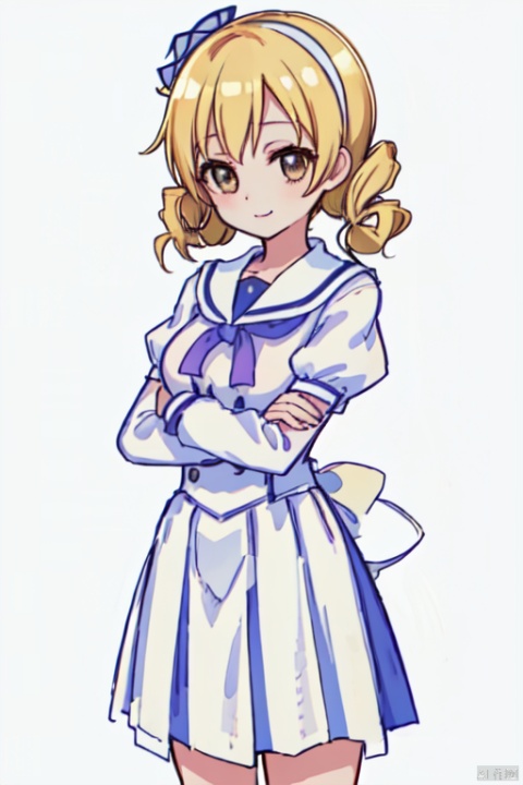  Noble_Academia_uniform,1girl, solo, smile, looking at viewer, cowboy_shot, simple background, white background, tomoe mami, twin drills, crossed_arms, blonde hair, large breast,