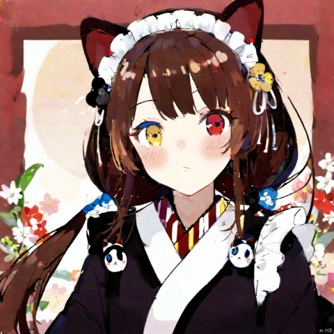  1girl, solo, looking at viewer, blush, bangs, brown hair, hair ornament, red eyes, animal ears, twintails, closed mouth, yellow eyes, upper body, flower, japanese clothes, virtual youtuber, hair flower, kimono, maid headdress, low twintails, heterochromia, dog ears, black kimono, wa maid, inui toko,,<lora:660447824183329044:1.0>