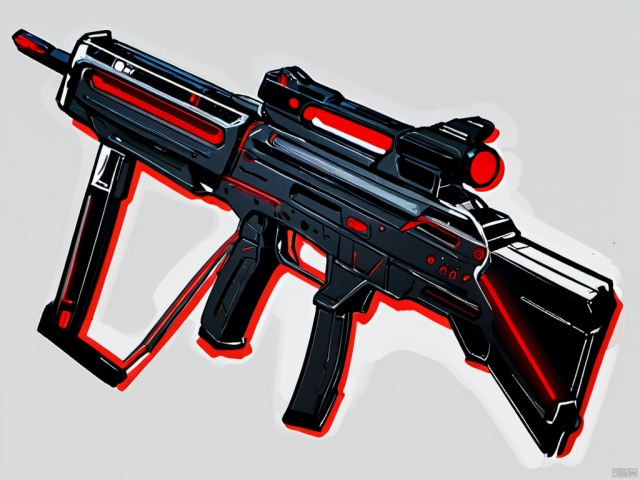 still life, futuristic black and red assault rifle, weapon design, sci-fi, red neon lights, no human, white background, simple background, sketch,