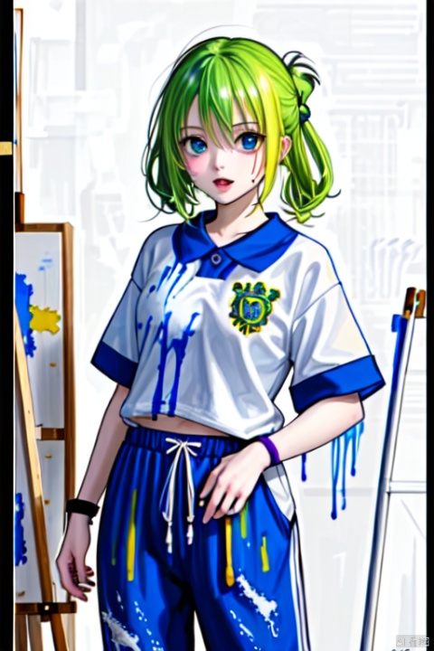  1girl, solo, green hair, standing, smile, open mouth, orange and purple paint splatter on shirt, paint, (paint splatter on face), blue pants, cowboy_shot, hand raised, CHN_school_uniform ,chinese_school_uniform, alina gray, blunt ends,single hair ring,small breasts, hair rings,wristband, [[paintbrush]],  paint, painting \(action\), palette \(object\), canvas \(object\), easel,  dark indoors,,<lora:660447313082219790:1.0>