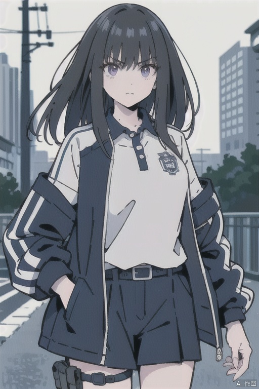  1girl, solo, cowboy_shot, looking at viewer, (open clothes), outdoors, heavy rain, white shirt under jacket, 
(inoue_takina), black hair, purple eyes, closed_mouth, serious, webbing, holster, tactical gear, belt pockets, mS uniform jacket, CHN_school_uniform, Chinese_school_uniform, polo shirt,