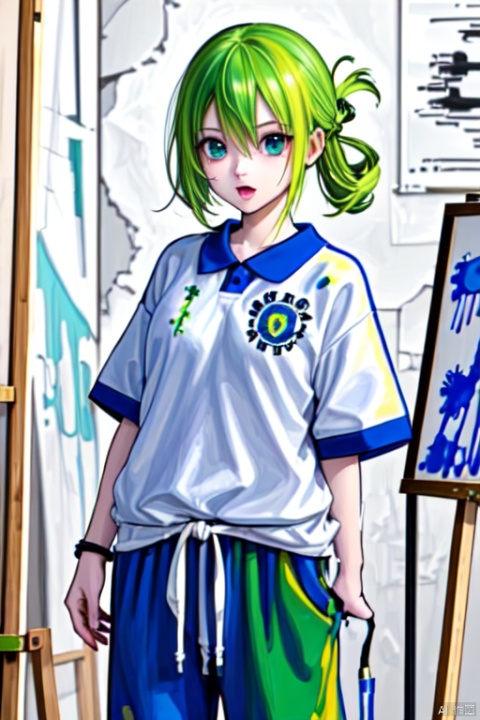  1girl, solo, green hair, standing, smile, open mouth, orange and purple paint splatter on shirt, paint, (paint splatter on face), blue pants, cowboy_shot, CHN_school_uniform ,chinese_school_uniform, alina gray, blunt ends,single hair ring,small breasts, hair rings,wristband, [[paintbrush]],  paint, painting \(action\), palette \(object\), canvas \(object\), easel,  dark indoors,,<lora:660447313082219790:1.0>