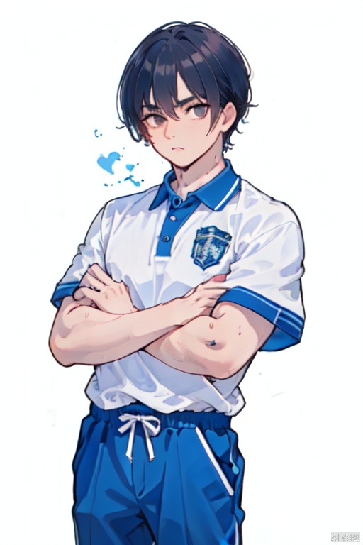  1boy, solo, standing, (black_hair), blue pants, cowboy_shot, white_background, CHN_school_uniform ,chinese_school_uniform, polo shirt, short_sleeves, Apricot eye, 1male, muscular, arms_crossed, ,,<lora:660447313082219790:1.0>