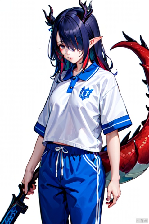  1girl, solo, standing, blue pants, cowboy_shot, white_background, CHN_school_uniform ,chinese_school_uniform, black hair, holding weapon, hair over one eye, pointy ears, dragon horns, red eyes, very long hair, multicolored hair, dragon tail, dragon girl, 