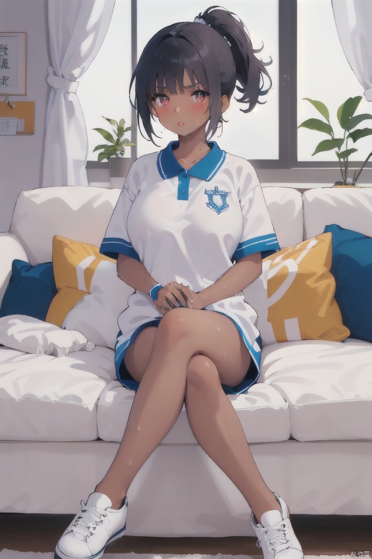  1girl, solo, confused_look, black_hair, high_ponytail, sitting, brown_skin, dark_skinned_female, crossed_legs_(sitting), blue baggy pants, CHN_school_uniform, Chinese_school_uniform, white sneakers, large_breasts, muscular_female, sofa, coach, clothes_dentation, window, indoors, sweat, blush, from_below,