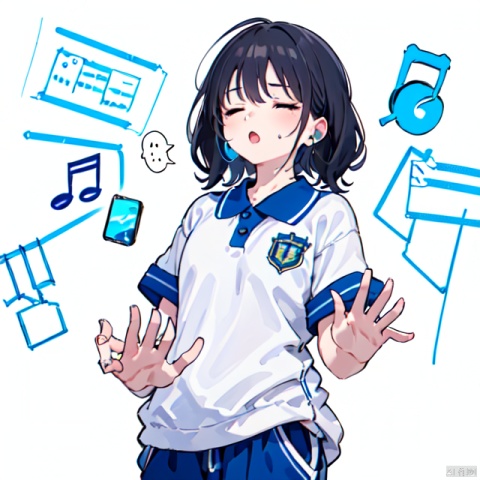  1girl, solo, listening music, closed_eyes, hands_raised, arm_raised, standing, long black hair, blue pants, cowboy_shot, white_background, CHN_school_uniform ,chinese_school_uniform, musical_notes, earbud chord,