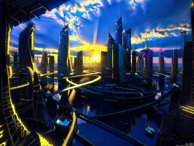  no human, ((blue)) scenery, backlit, sunshine ray lights , Technology city along the river, science fiction, high-tech, big scene, bright, Lots of tall buildings, technological neighborhoods, bird's-eye view, MIR, cxhj, klein_blue,