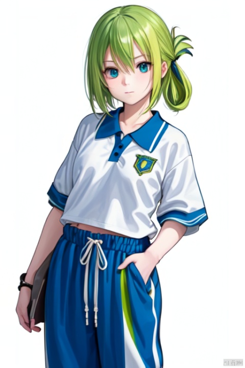  1girl, solo, green hair, standing, smirk, chin_rest, hand_on_face, blue pants, cowboy_shot, white_background, CHN_school_uniform ,chinese_school_uniform, alina gray, blunt ends,single hair ring,small breasts, hair rings,blush,wristband,