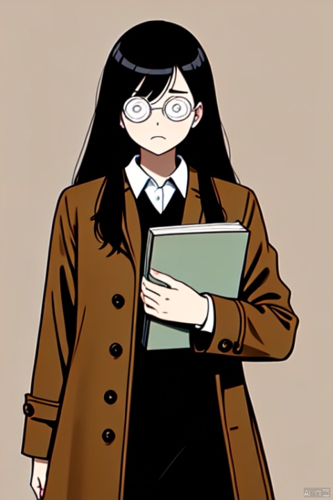  1girl, ((@@_glasses)), ((@ @)), opaque glasses, solo, black long hair, cowboy_shot, brown overcoat, frown, holding book, simple_background,,,<lora:660447313082219790:1.0>
