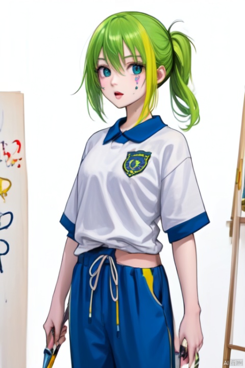  1girl, solo, green hair, standing, smile, open mouth, orange and purple paint splatter on shirt, paint, (paint splatter on face), blue pants, cowboy_shot, CHN_school_uniform ,chinese_school_uniform, alina gray, blunt ends,single hair ring,small breasts, hair rings,wristband, [[paintbrush]],  paint, painting \(action\), palette \(object\), canvas \(object\), easel,  dark indoors,