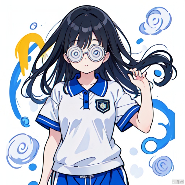  1girl, @@_glasses, solo, school_uniform, black hair, long hair, (swirly_eyes), ((@ @)), CHN_school_uniform, chinese_school_uniform, track pants, polo shirt,,<lora:660447313082219790:1.0>