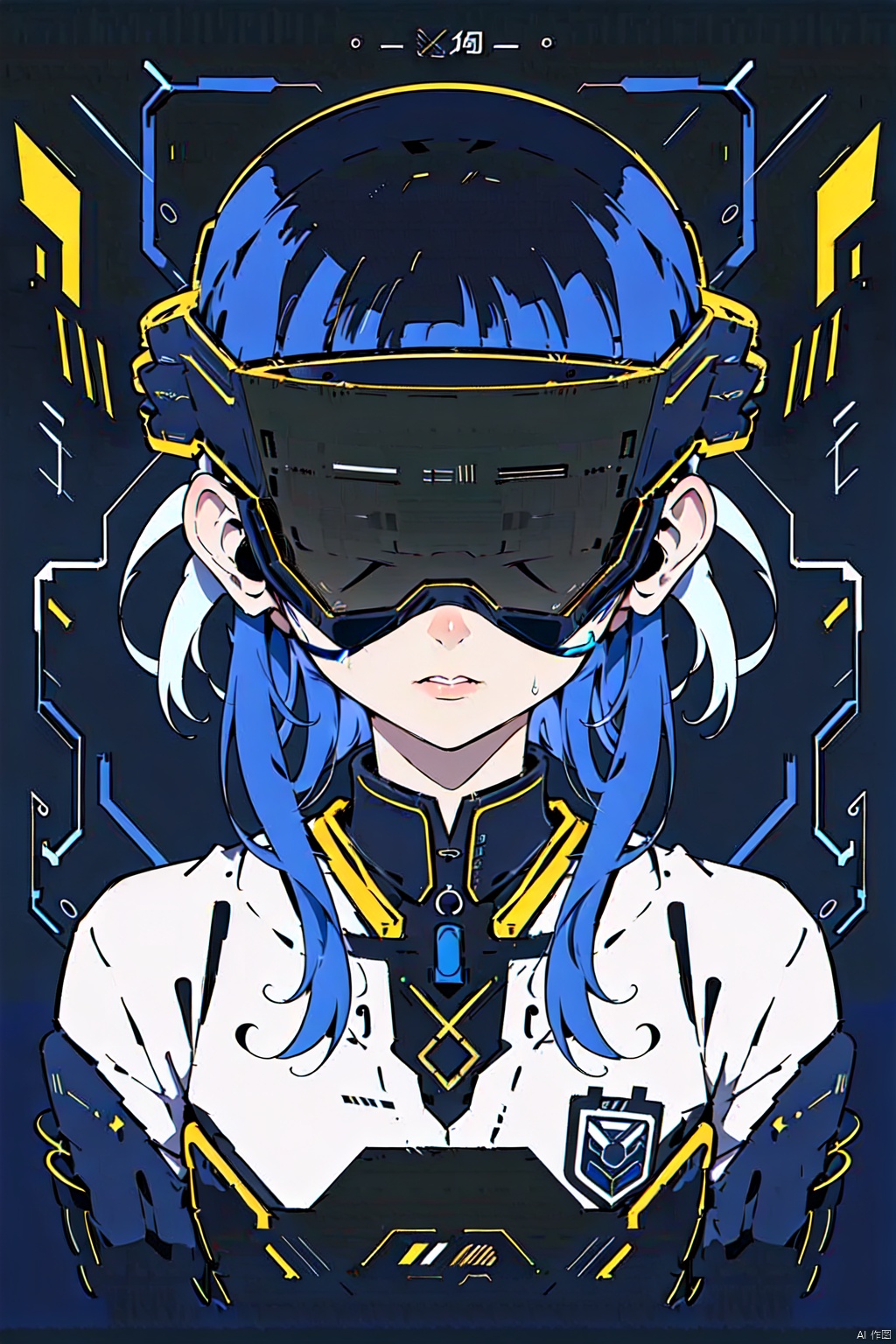  1girl, CHN_school_uniform, chinese_school_uniform, shirt, bangs, colorful_hair, blue, upper body, cybernetic, machinery background, line arts, radio , White oculus vr glasses, klein_blue, covered_eyes, blindfolded, 