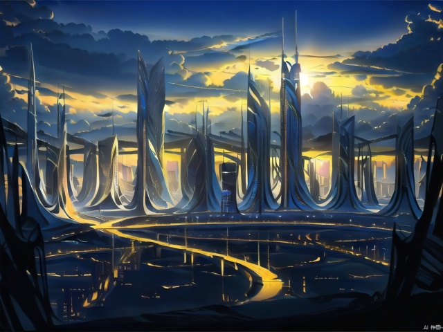  no human, ((blue)) scenery, backlit, sunshine ray lights , Technology city along the river, science fiction, high-tech, big scene, bright, Lots of tall buildings, technological neighborhoods, bird's-eye view, MIR, cxhj, klein_blue,