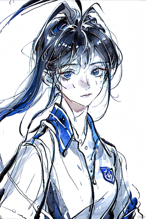  1girl,solo,Mystical Translation, 
Timeless Translation, mS uniform, mS uniform jacket, Chinese_school_uniform, 
The watercolor beauty was ethereal and graceful, 
her delicate features exuding an enigmatic charm that was both elegant and serene, ink-washing painting, blue monochrome, 