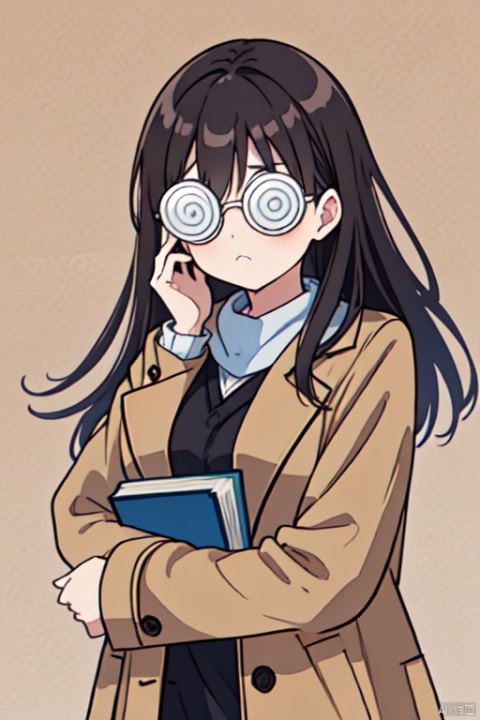  1girl, ((@@_glasses)), ((@ @)), opaque glasses, solo, orange long hair, cowboy_shot, brown overcoat, frown, holding book, simple_background,,,<lora:660447313082219790:1.0>