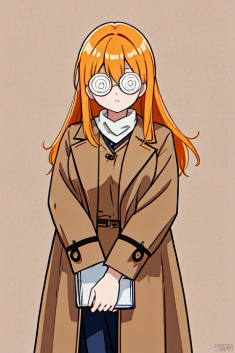  1girl, ((@@_glasses)), ((@ @)), ((spiral_eyes)), solo, orange long hair, cowboy_shot, brown overcoat, frown, holding book, simple_background,,<lora:660447313082219790:1.0>