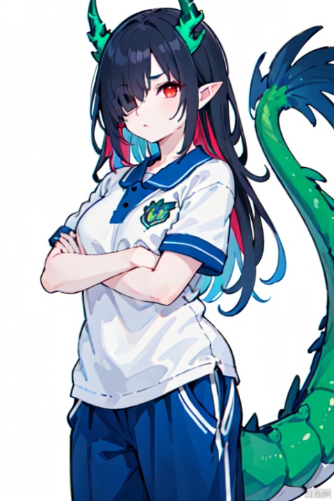  1girl, solo, standing, blue pants, crossed arms, cowboy_shot, white_background, CHN_school_uniform ,chinese_school_uniform, black hair, (hair over one eye), pointy ears, green dragon horns, red eyes, very long hair, multicolored blue hair, tail, dragon girl, 