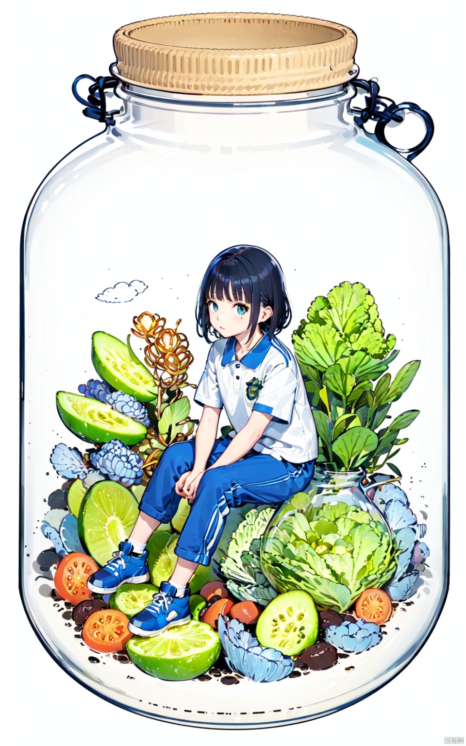  flat illustration style, minigirl, mini girl, 1girl in a jar, jar, simple background, full body, (cabbage) jar, vegetables, sitting, CHN_school_uniform, Chinese_school_uniform, blue pants, world in a bottle, black hair, white sneakers, line art, phgls, in container,