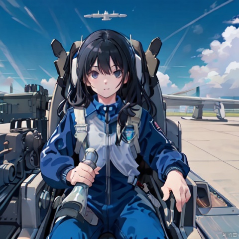  (cockpit), (machinery), canopy, seat, solo, facing viewer, 1girl, black hair, detailed, ((blue sky)), CHN_school_uniform, clouds, sky, long blue pants, mS uniform jacket,  high above,