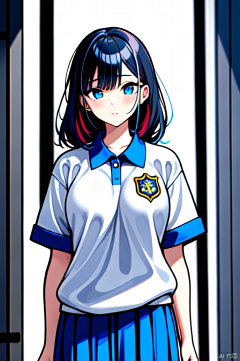  1girl, CHN_school_uniform, chinese_school_uniform, collared_shirt, bangs, black_hair, multicolored_hair, cowboy_shot, blue pants, buddhism temple,,,<lora:660447313082219790:1.0>