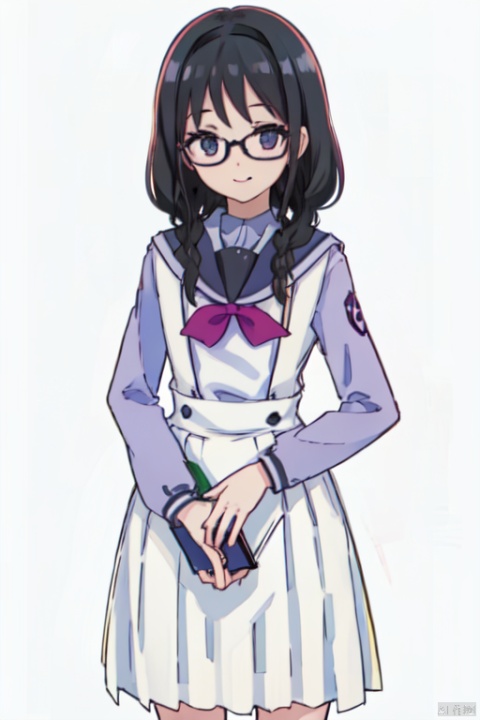  Noble_Academia_uniform,1girl, solo, smile, looking at viewer, cowboy_shot, simple background, white background, holding a book, bp-homura, glasses, braids, black hair,