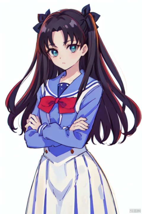  Noble_Academia_uniform,1girl, solo, looking at viewer, cowboy_shot, simple background, white background, tohsaka_rin, two_side_up, crossed_arms, 