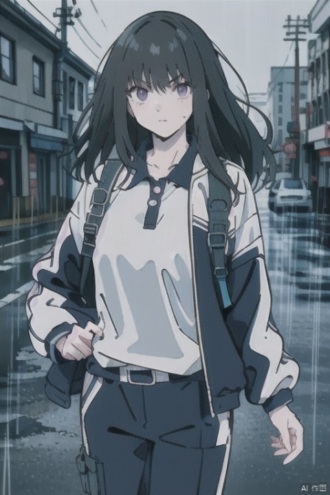  1girl, solo, cowboy_shot, looking at viewer, open clothes, outdoors, cityscapes, heavy (rain), white shirt under jacket, 
(inoue_takina), black hair, purple eyes, closed_mouth, serious, holster belt, tactical backpack, mS uniform jacket, CHN_school_uniform, Chinese_school_uniform, polo shirts, pants,