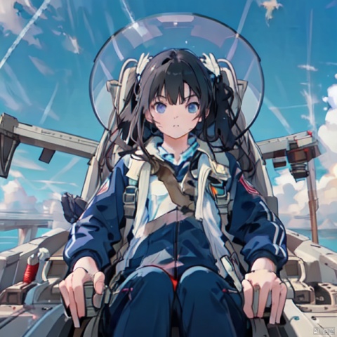  (cockpit), (machinery), canopy, seat, solo, facing viewer, 1girl, black hair, detailed, ((blue sky)), CHN_school_uniform, clouds, sky, long blue pants, mS uniform jacket, high above, horizon, explosion, contrails, , machinery