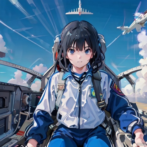  (cockpit), (machinery), canopy, seat, solo, facing viewer, 1girl, black hair, detailed, ((blue sky)), CHN_school_uniform, clouds, sky, long blue pants, mS uniform jacket, high above, horizon, explosion, contrails, fighter jets,