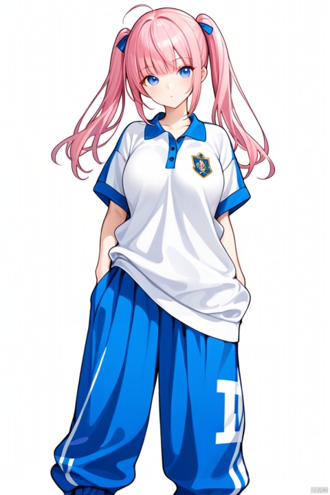  1girl, solo, pink hair, pigtails,
baggy_clothes, (white shirt), white polo_shirt with school_emblem, baggy_pants, oversized_blue_sweatpants, blue_joggers, oversized_clothes, blue_shirt_collars, short_sleeves, long_pants, blue_pants, 
 (white_background), [buttons], simple_background, abrstact_background, 
 (masterpiece), breast, 