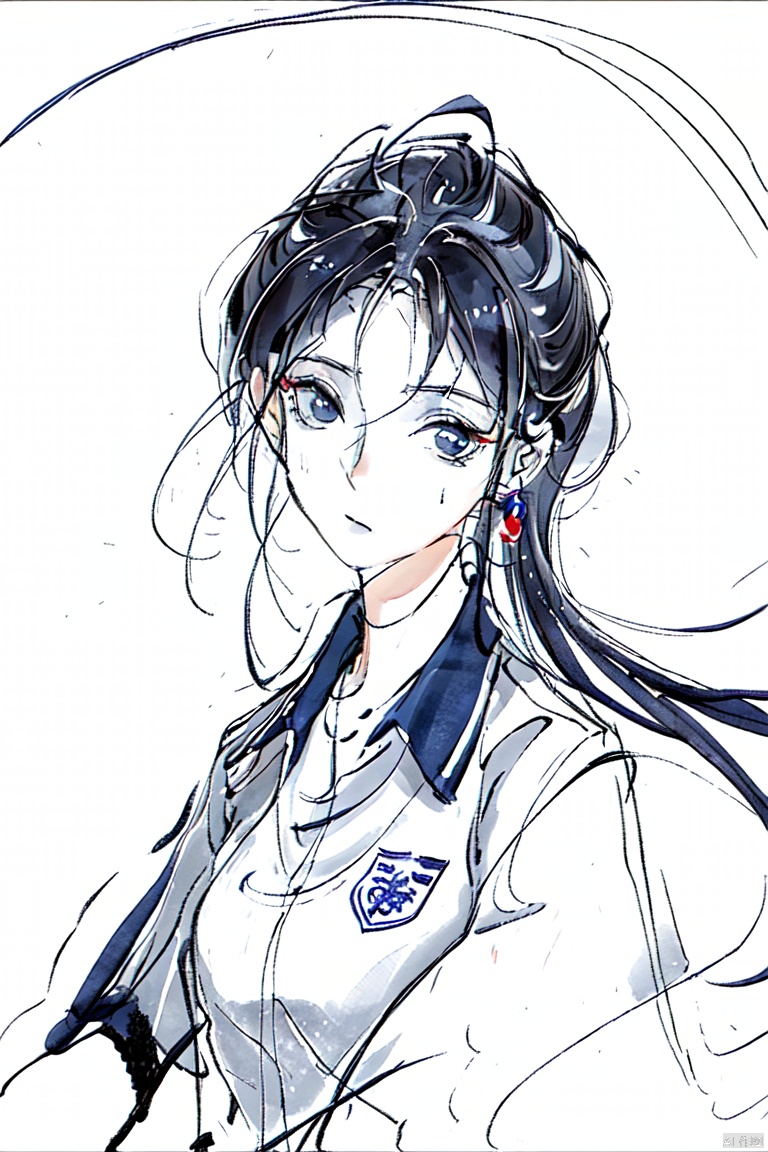  1girl,solo,Mystical Translation, 
Timeless Translation, open clothes, mS uniform, mS uniform jacket, shirt, Chinese_school_uniform, 
The watercolor beauty was ethereal and graceful, 
her delicate features exuding an enigmatic charm that was both elegant and serene, ink-washing painting, blue monochrome, 