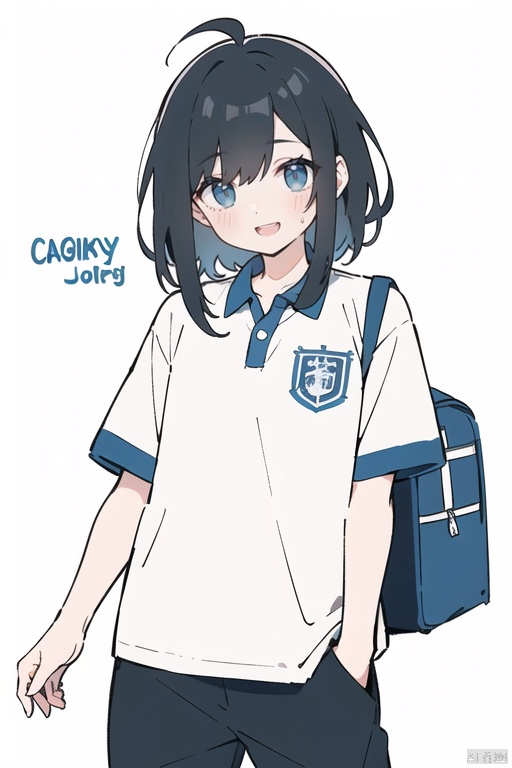  1girl, solo, long_black_hair, baggy_clothes, white polo_shirt with school_emblem, baggy_pants, oversized_blue_sweatpants, blue_joggers, oversized_clothes, blue_shirt_collars, short_sleeves, long_pants, blue_pants, cowboy_shot, white_background