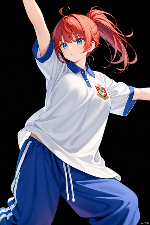  1girl, solo, red hair, ponyhair, tomboy, 
baggy_clothes, (white shirt), white polo_shirt with school_emblem, baggy_pants, oversized_blue_sweatpants, blue_joggers, oversized_clothes, blue_shirt_collars, short_sleeves, long_pants, blue_pants, 
 (black_background), [buttons], simple_background, abrstact_background, 
 (masterpiece), breast, battle_stance