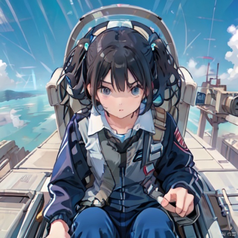  (cockpit), (machinery), canopy, seat, solo, facing viewer, 1girl, black hair, detailed, ((blue sky)), CHN_school_uniform, clouds, sky, long blue pants, mS uniform jacket, high above,