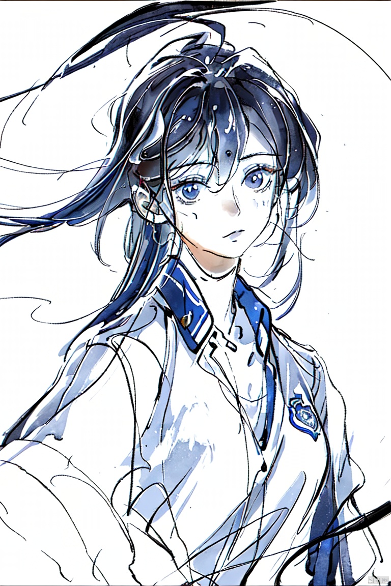 1girl,solo,Mystical Translation, 
Timeless Translation, open clothes, mS uniform, mS uniform jacket, shirt, Chinese_school_uniform, 
The watercolor beauty was ethereal and graceful, 
her delicate features exuding an enigmatic charm that was both elegant and serene, ink-washing painting, blue monochrome, 